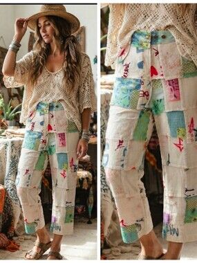 Boho Patchwork Print Pants - Cream Multicolor